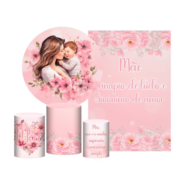 Kit Casado Dia das Mães Painel Redondo Trio Capas Cilindro Retangular Vertical Em Tecido