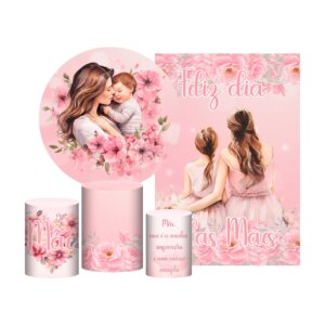 Kit Casado Dia das Mães Painel Redondo Trio Capas Cilindro Retangular Vertical Em Tecido