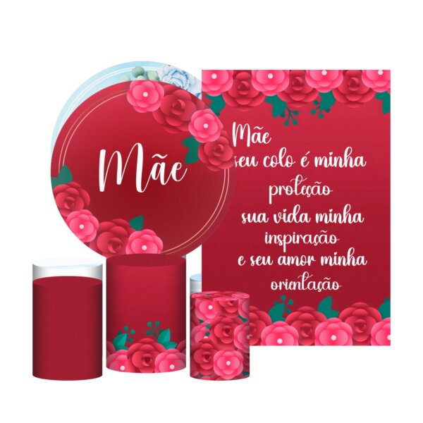 Kit Casado Dia das Mães Painel Redondo Trio Capas Cilindro Retangular Vertical Em Tecido