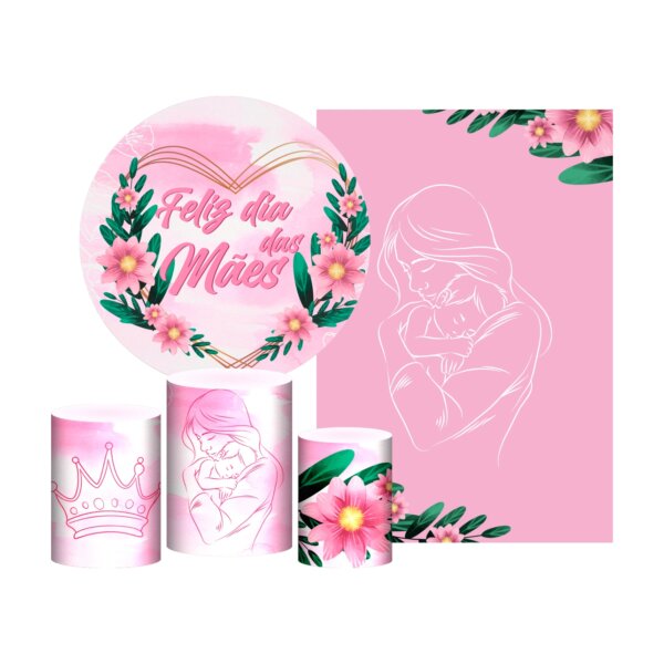 Kit Casado Dia das Mães Painel Redondo Trio Capas Cilindro Retangular Vertical Em Tecido
