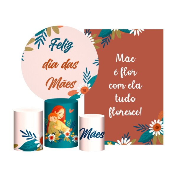 Kit Casado Dia das Mães Painel Redondo Trio Capas Cilindro Retangular Vertical Em Tecido